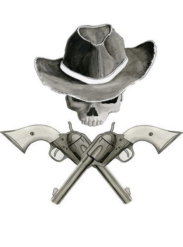 Czaszka w kapeluszu i dwa pistolety