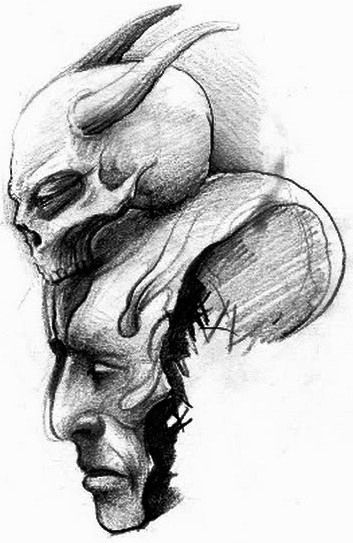 Czaszka z rogami i potwór tatuaż wzór