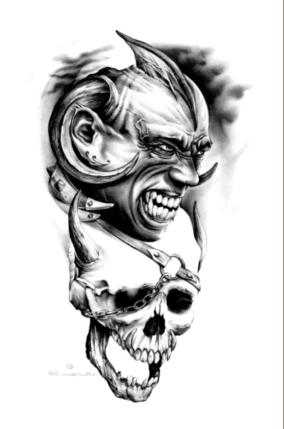 Głowa diabła i czaszka wzór tatuażu