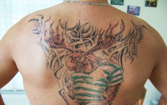 Zwierzę w koszulce Lechia tatuaż