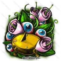 Różowe kwiaty i zegar