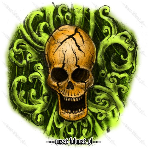 Złota czaszka na zielonych pnączach